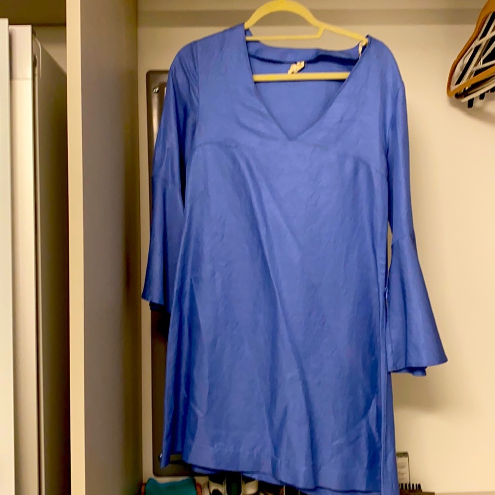 Light blue linen dress with bell sleeves